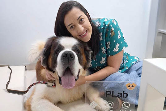 Profissional veterinária com cachorro em mesa de atendimento